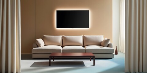 Stylish Modern Bedroom with Large Wall-Mounted TV Screen, Minimalist Decor, and Cozy Ambiance - Perfect for Interior Design, Home Decor, and Technology Integration Concepts