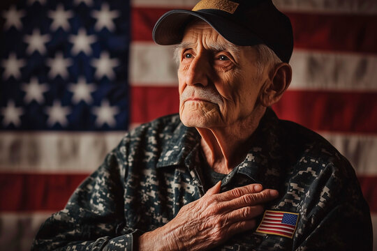 Elderly military veteran in uniform saluting with hand on heart, standing in front of an American flag, with a solemn expression - Powered by Adobe