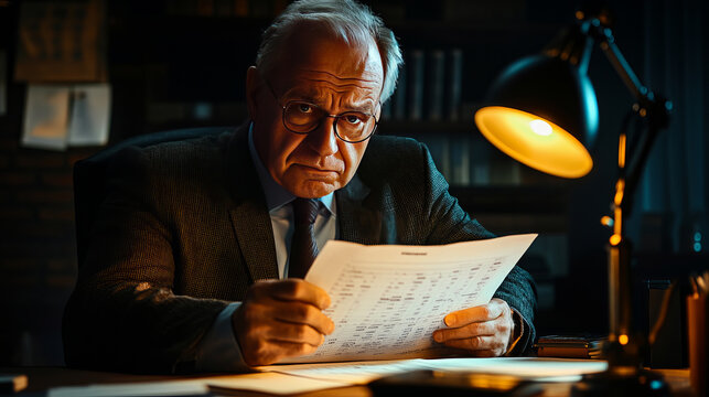Senior CEO looking sternly at a report while observing an employee, reflecting authority and critical evaluation in the workplace.