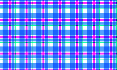 Seamless tartan plaid pattern. Checkered fabric texture print in stripes of blue, light blue and pink on dark royal blue background