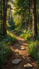 Obraz premium A vibrant, impressionistic painting of a serene forest scene, with a winding path as the focal point. The painting is in a horizontal layout