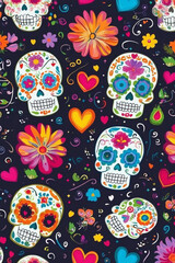 Day of the Dead, greeting banner, Mexican colorful skulls. Mexican, hispanic ceramic pottery Day of the Dead ,Dia de los Muertos, skulls