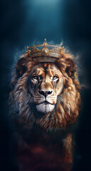 A close-up of a beautiful lion with an intense, focused gaze, combining elements of Jesus Christ. The lion's majestic mane is detailed, and it wears a crown on its head. Generative AI