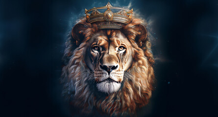 A close-up of a beautiful lion with an intense, focused gaze, combining elements of Jesus Christ. The lion's majestic mane is detailed, and it wears a crown on its head. Generative AI