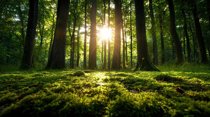 Fototapeta premium A magical forest with sunlight streaming through tall trees, illuminating the lush green moss on the forest floor, creating a dreamlike and serene atmosphere.
