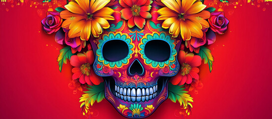 Fototapeta premium Day of the Dead, greeting banner, Mexican colorful skulls. Mexican, hispanic ceramic pottery Day of the Dead ,Dia de los Muertos, skulls