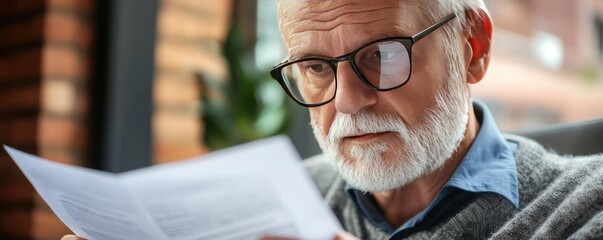Elderly man with glasses looking at his life insurance policy. Concept of the importance of insurance when planning for retirement