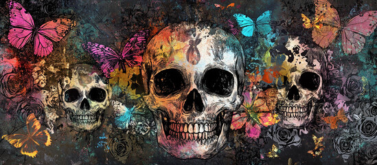 Day of the Dead, greeting banner, Mexican colorful skulls. Mexican, hispanic ceramic pottery Day of the Dead ,Dia de los Muertos, skulls