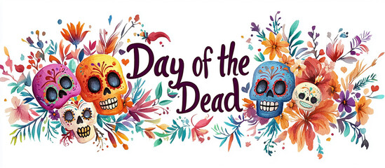 Day of the Dead, greeting banner, Mexican colorful skulls. Mexican, hispanic ceramic pottery Day of the Dead ,Dia de los Muertos, skulls