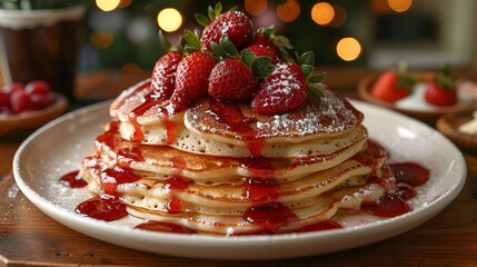 huge stack of pancakes topped with glazed strawberries