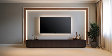 Stylish Modern Bedroom with Large Wall-Mounted TV Screen, Minimalist Decor, and Cozy Ambiance - Perfect for Interior Design, Home Decor, and Technology Integration Concepts