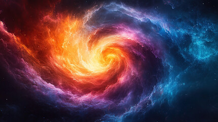 A swirling nebula of red, orange, blue and purple gas clouds with a central spiral core.