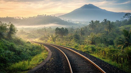 Obraz premium Curved railroad tracks wind through a lush tropical landscape at sunrise, with misty hills and abundant greenery, creating a serene and picturesque journey.