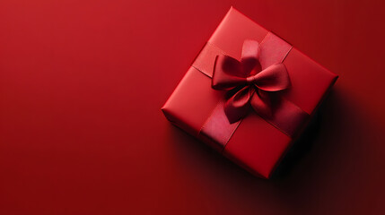 Obraz premium beautiful red square gift box with red bow on side on red background, top view