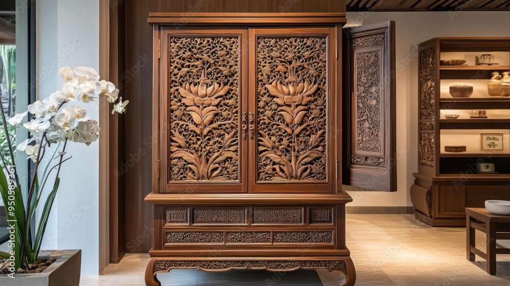 Sticker Intricately Carved Wooden Cabinet in a Modern Interior