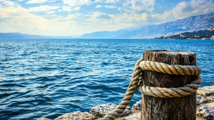 A serene image showcasing a sturdy wooden post tied with thick rope by the seashore, with blue waves washing onto the rocky shore and distant mountains under a partly cloudy sky.