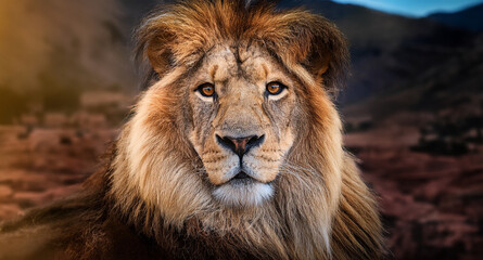 Fototapeta premium A close-up of a beautiful lion with a captivating, intense gaze. The lion's majestic mane is detailed and well-groomed, and its eyes are sharp and mesmerizing, drawing attention. Generative AI