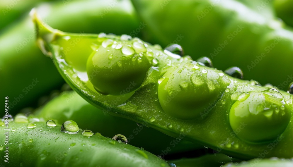 Wall mural macro shot of green sugar snap peas with water drops green pea beans vegetables close up food photog