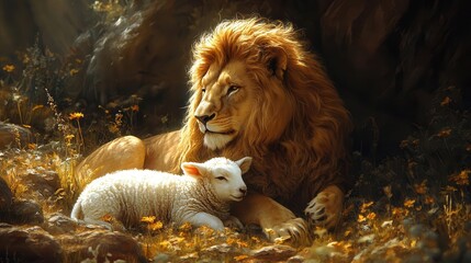 surreal depiction of lion and lamb in peaceful coexistence heavenly landscape soft divine light dreamlike quality biblical symbolism