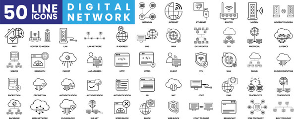 Digital network icon set with internet,ethernet,router,vpn,wan,ip,dns,sever,firewall,modem,wifi,lan,bandwidth with topology