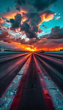 Intense sunset at drag race track, warm tones, realistic shot capturing dramatic atmosphere