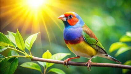 A brightly colored finch perches on a delicate branch, its vibrant plumage glistening in the soft sunlight, surrounded by lush green foliage.