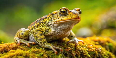 Obraz premium A bright yellow and brown Natterjack toad with distinctive wart-like growths and dark eye stripe perches on a moss-covered stone in a lush forest setting.