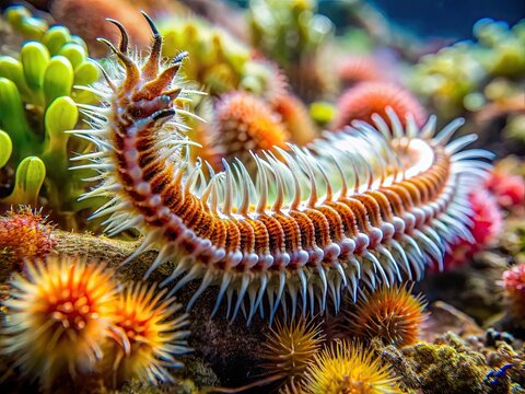 A close-up of a ragworm, a marine invertebrate, with its feathery tentacles and segmented body, crawling on a rocky ocean floor amidst seaweed and coral.