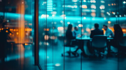 Obraz premium A business meeting taking place in a modern room with glass walls, showing a blend of transparency and collaboration.