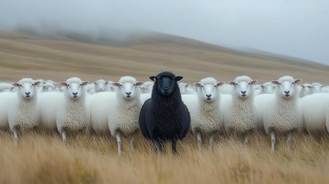 surreal flock of white sheep with single black sheep standing out dreamlike pastoral scene with rolling hills and wispy clouds