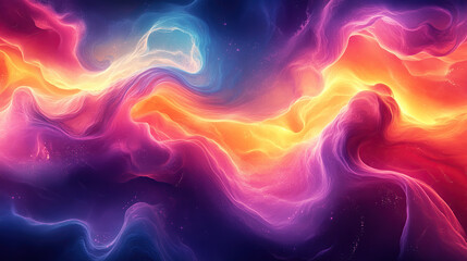 Obraz premium Abstract background with flowing, vibrant, and colorful smoke-like patterns in shades of blue, orange, pink, and purple on a dark background.