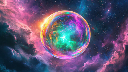 A magically illuminated cosmic sphere floats in the middle of vibrant nebula clouds, showcasing a stunning mixture of pink, purple, and blue tones in a surreal space scene.