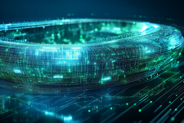 Fototapeta premium Illuminated circle of glowing lines on a futuristic technological backdrop, receding into the distance