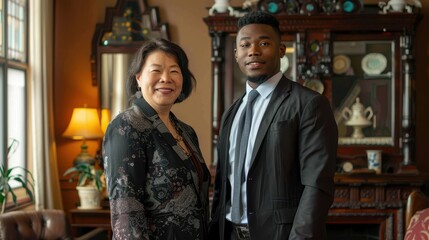 Obraz premium Two business people, a senior Asian woman and a young Black man, standing and smiling in an office with historical decor and antique furniture. 