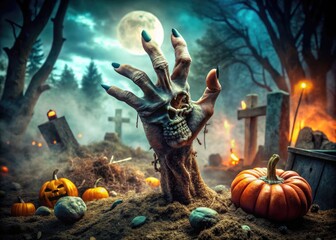 A decrepit, stitched-up zombie hand bursts forth from a grave, bony fingers curled into a menacing claw, surrounded by worn, vintage-style Halloween decorations.