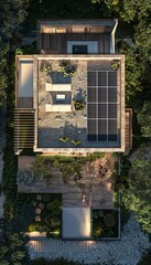 Realistic photo of house roof with solar panels illustrating energy generation technology