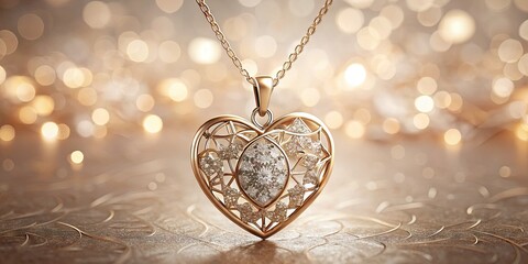 Fototapeta premium A delicate, intricately designed heart-shaped pendant suspended from a dainty chain, casting a subtle sparkle against a soft, neutral background with gentle shadows.