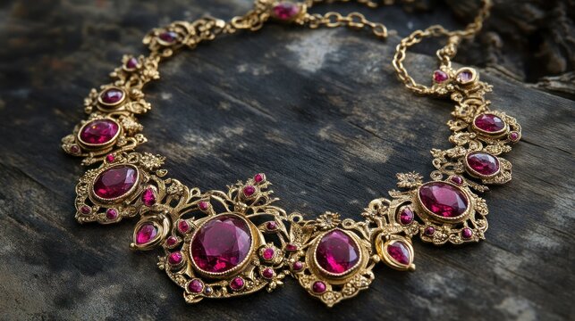 Ornate Gold Necklace with Ruby Gems