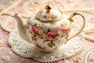 A delicate, porcelain tea pot in a charming heart shape, adorned with intricate floral patterns, sits on a lace-trimmed tablecloth, evoking whimsical romance.