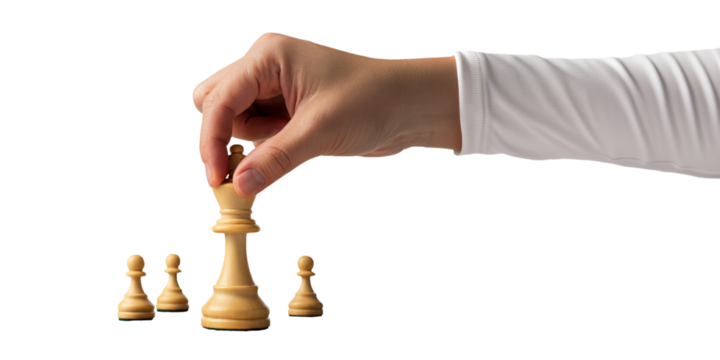 Hand holding a chess piece, playing chess, isolated transparent png