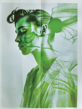 Artistic woman portrait with green abstract digital double exposure