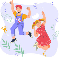 Happy smiling little children jumping together merrily. Happy jumping children on decorative backdrop for kids events.