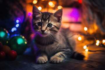 a kitten with blue eyes sitting on some christmas decorations
