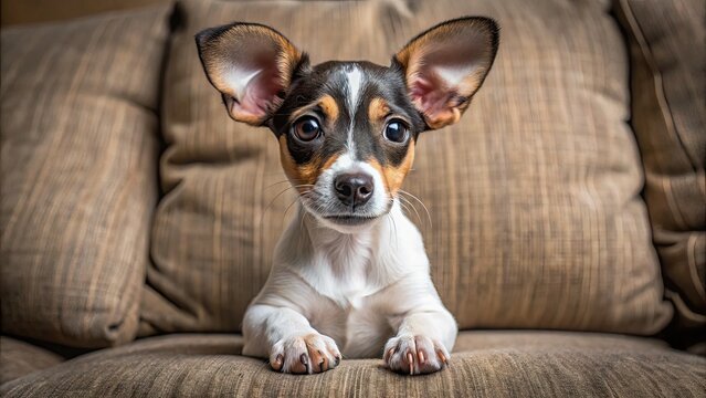 Adorable rat terrier mix puppy with big brown eyes and floppy ears sits on a couch, paws curled up, looking friendly and endearing.