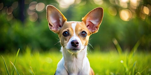 Adorable small dog with short, smooth coat and pointed ears, posing on green grass, showcasing playful and curious expression with bright, big eyes.