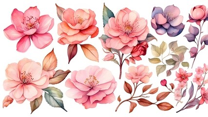 Set of lovely blossom ,Watercolor assortment of hand drawn blossoms , Organic plant representation straightforward foundation,