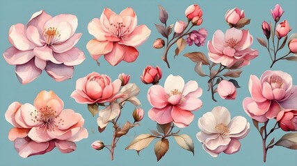 Set of lovely blossom ,Watercolor assortment of hand drawn blossoms , Organic plant representation straightforward foundation,