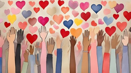 Gathering of assorted individuals with arms and hands lifted towards hand painted hearts. Donations to charities, volunteering, support, and assistance Community that is multicultural. Diverse populat