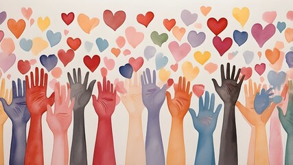 Gathering of assorted individuals with arms and hands lifted towards hand painted hearts. Donations to charities, volunteering, support, and assistance Community that is multicultural. Diverse populat