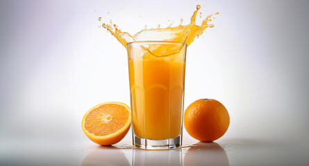 A glass of orange juice on a table, with a refreshing and inviting appearance. The juice appears freshly poured, with a small splash or drip on the glass to convey its fresh, Generative AI